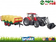 CASE IH Optum 300 CVX traktor homlokrakodóval és bálaszállító pótkocsival - BRUDER 
