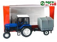 Belarus-MTZ játék traktor (Fém, 1:43) kék/fekete + zárt utánfutó